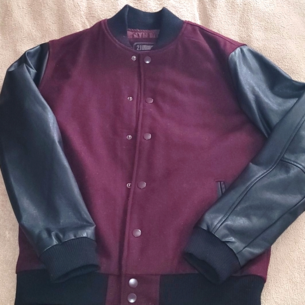 21 Men Faux Leather & Wool jacket Burgundy & Black